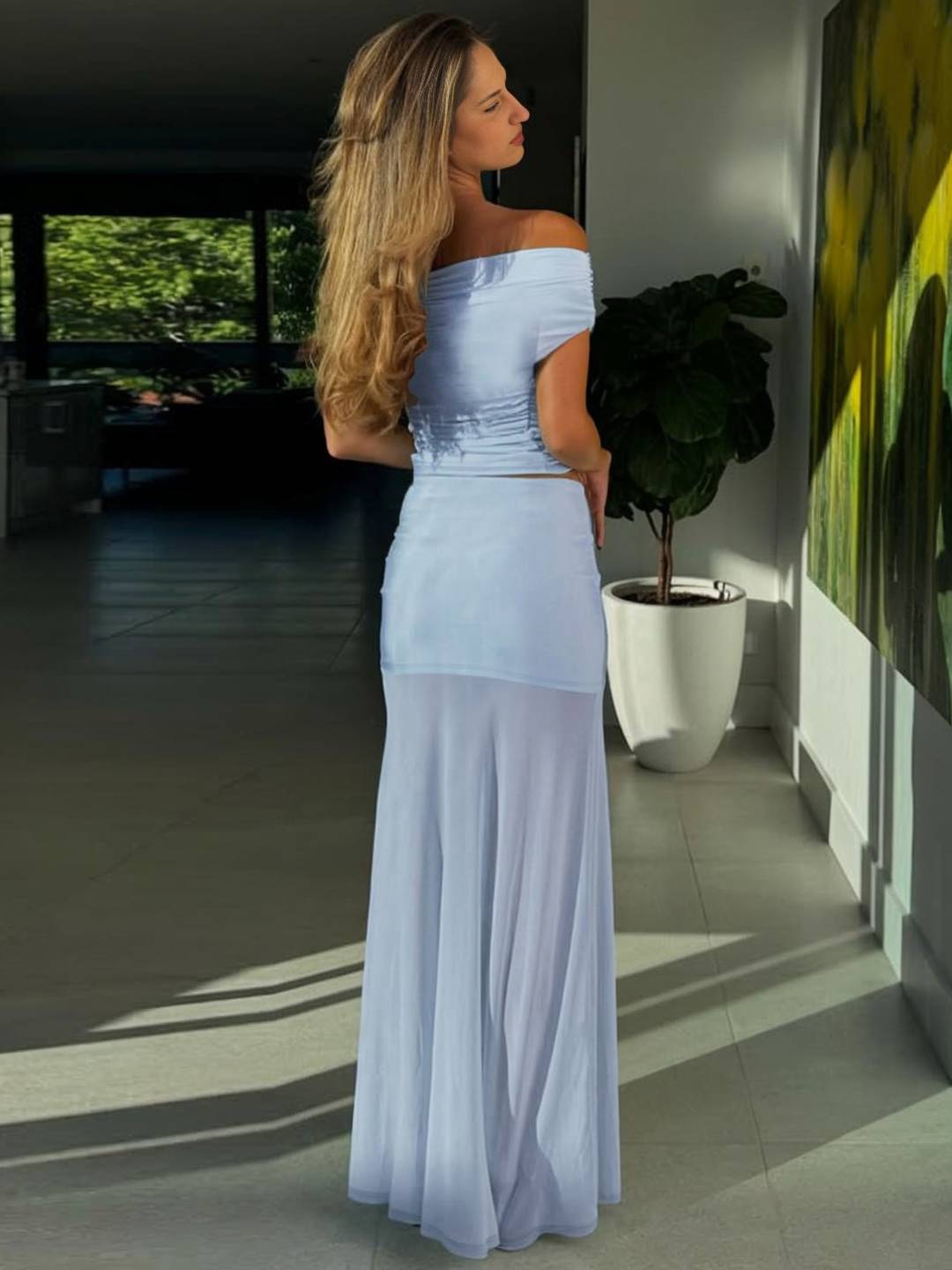 Cocolii ensemble avec longue jupe hauts moulante tulle col bateau sans manches femme élégant décontracté robe