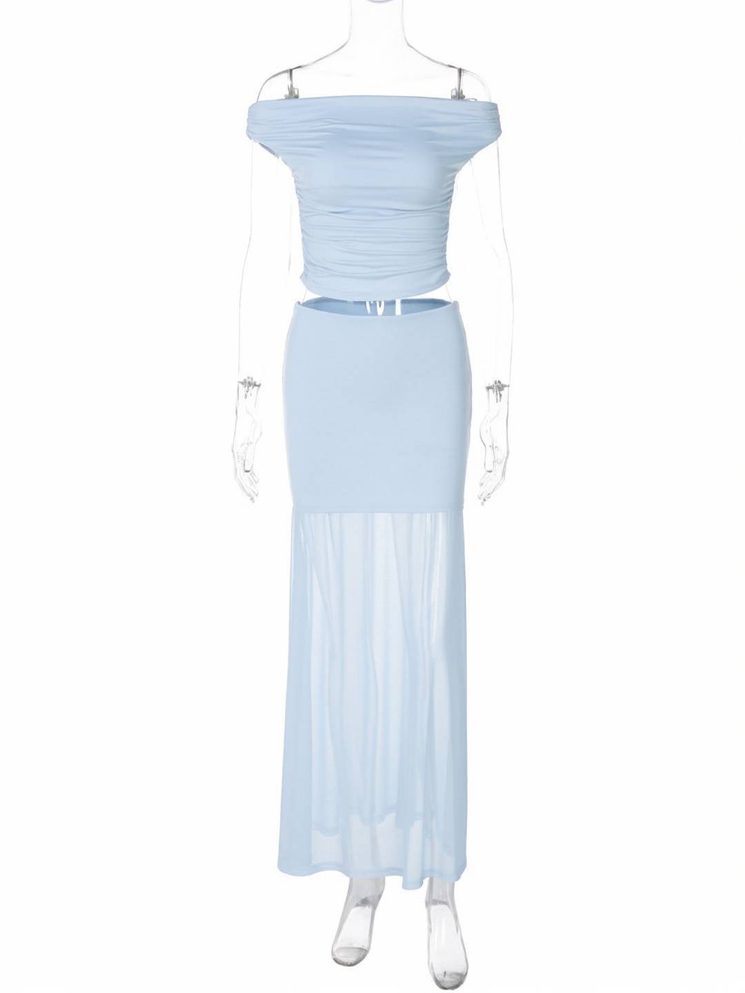 Cocolii ensemble avec longue jupe hauts moulante tulle col bateau sans manches femme élégant décontracté robe