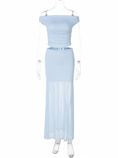 Cocolii ensemble avec longue jupe hauts moulante tulle col bateau sans manches femme élégant décontracté robe