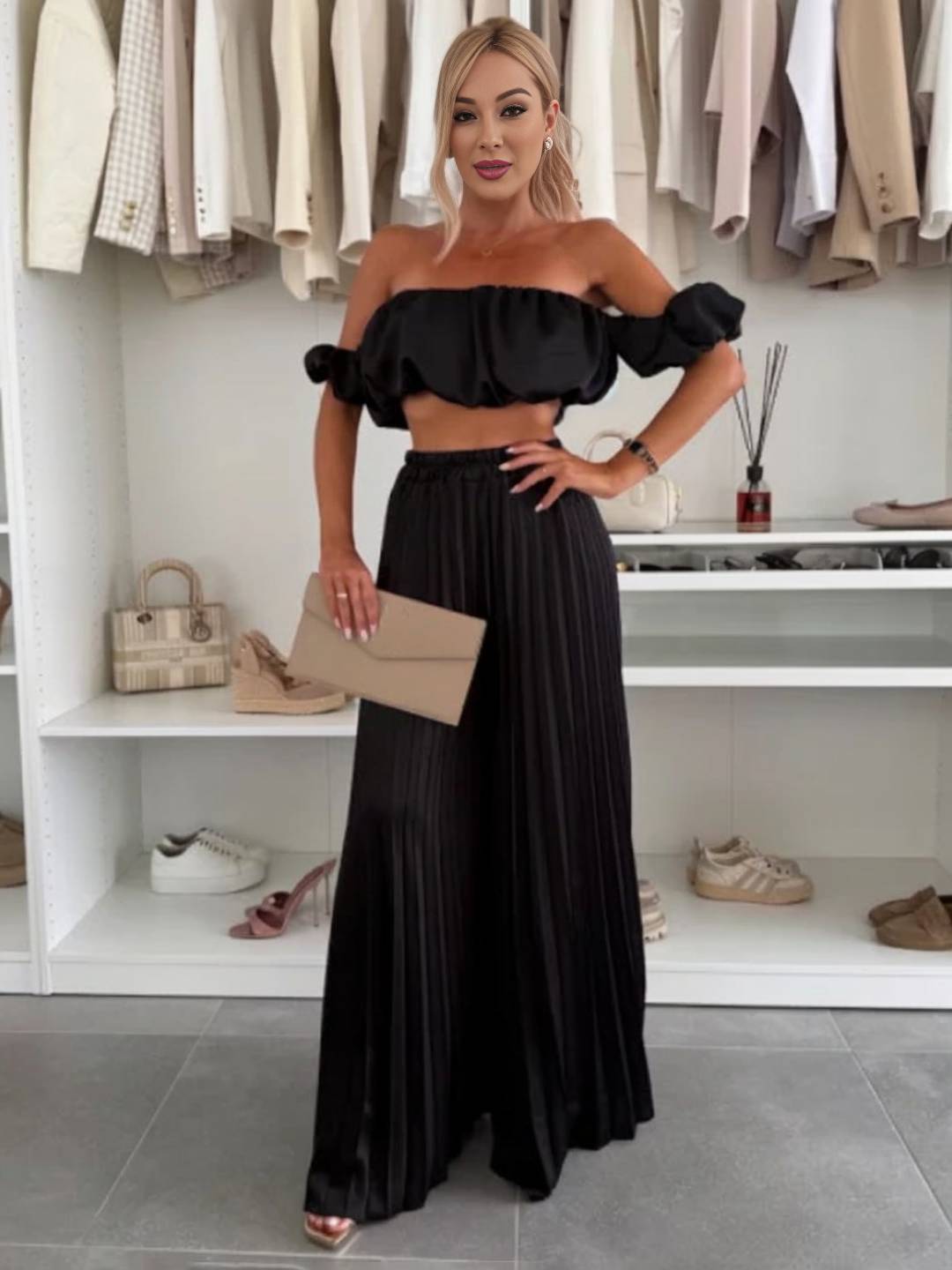 Cocolii ensembles avec fluide plissé pantalon cropped bustier col bateau sans manches hauts femme casual