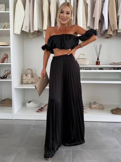 Cocolii ensembles avec fluide plissé pantalon cropped bustier col bateau sans manches hauts femme casual