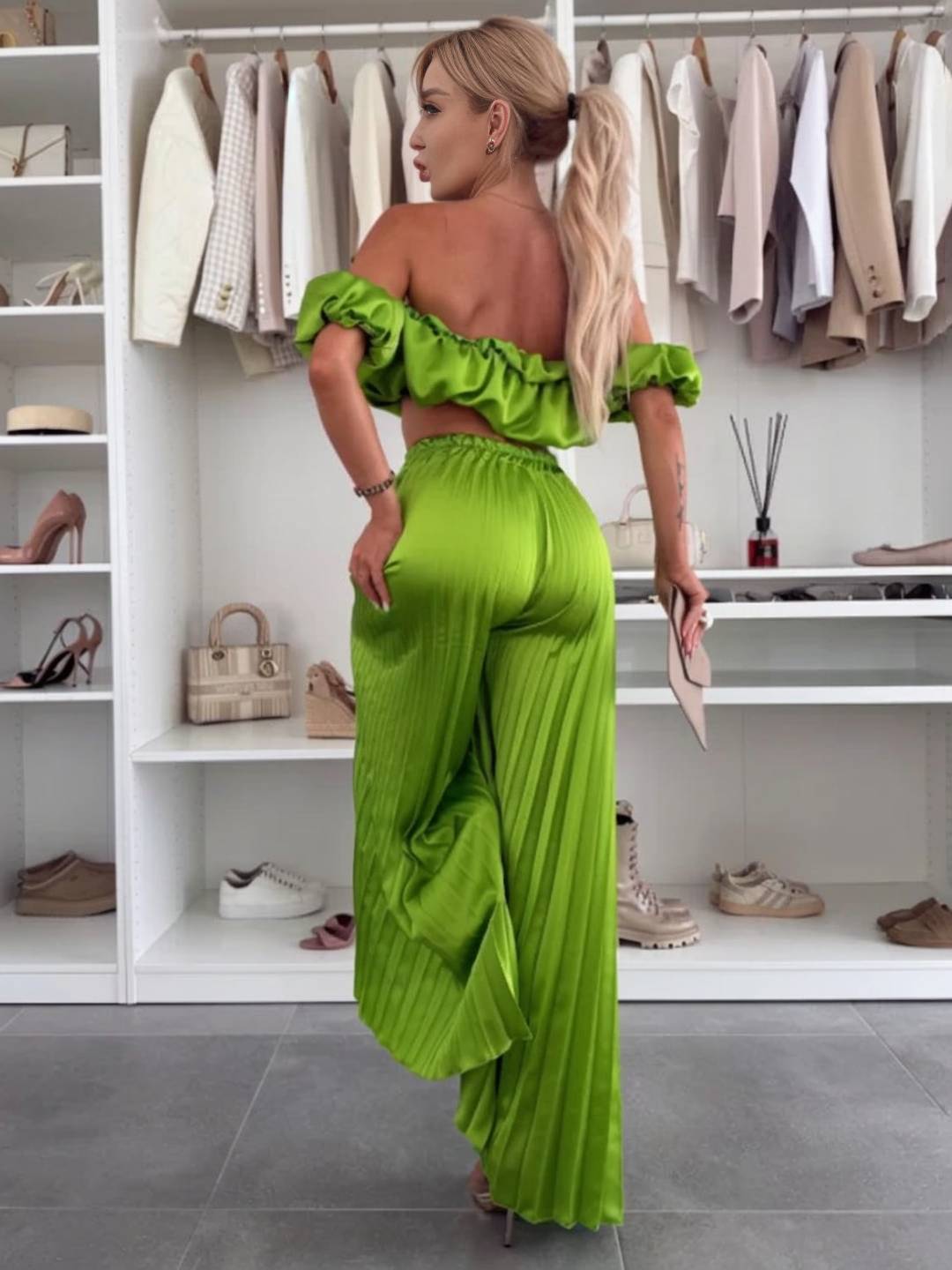 Cocolii ensembles avec fluide plissé pantalon cropped bustier col bateau sans manches hauts femme casual