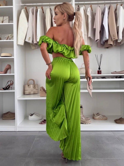 Cocolii ensembles avec fluide plissé pantalon cropped bustier col bateau sans manches hauts femme casual