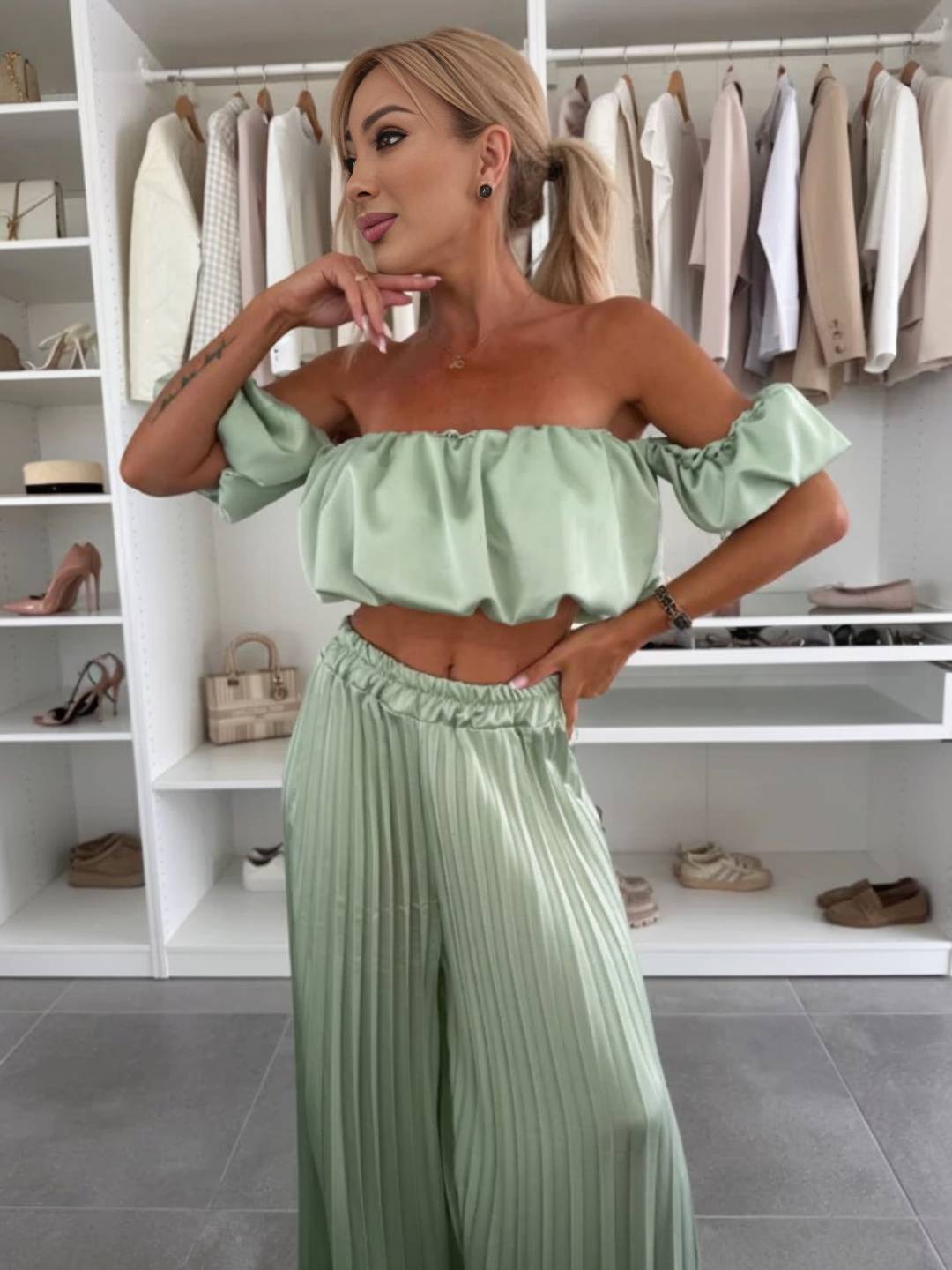 Cocolii ensembles avec fluide plissé pantalon cropped bustier col bateau sans manches hauts femme casual