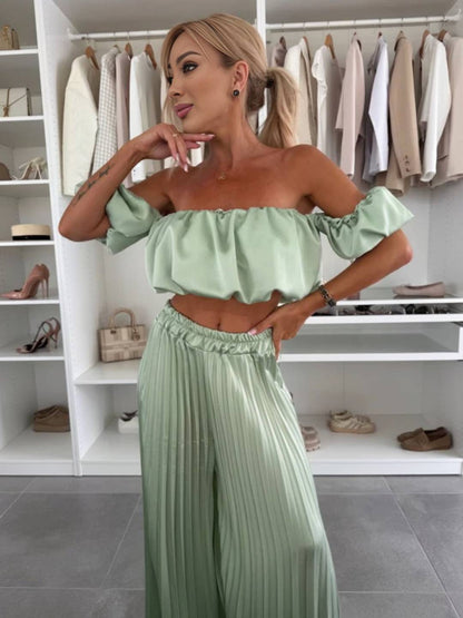 Cocolii ensembles avec fluide plissé pantalon cropped bustier col bateau sans manches hauts femme casual