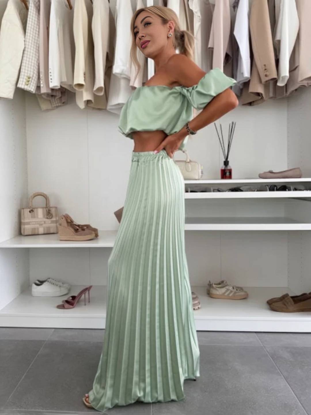 Cocolii ensembles avec fluide plissé pantalon cropped bustier col bateau sans manches hauts femme casual