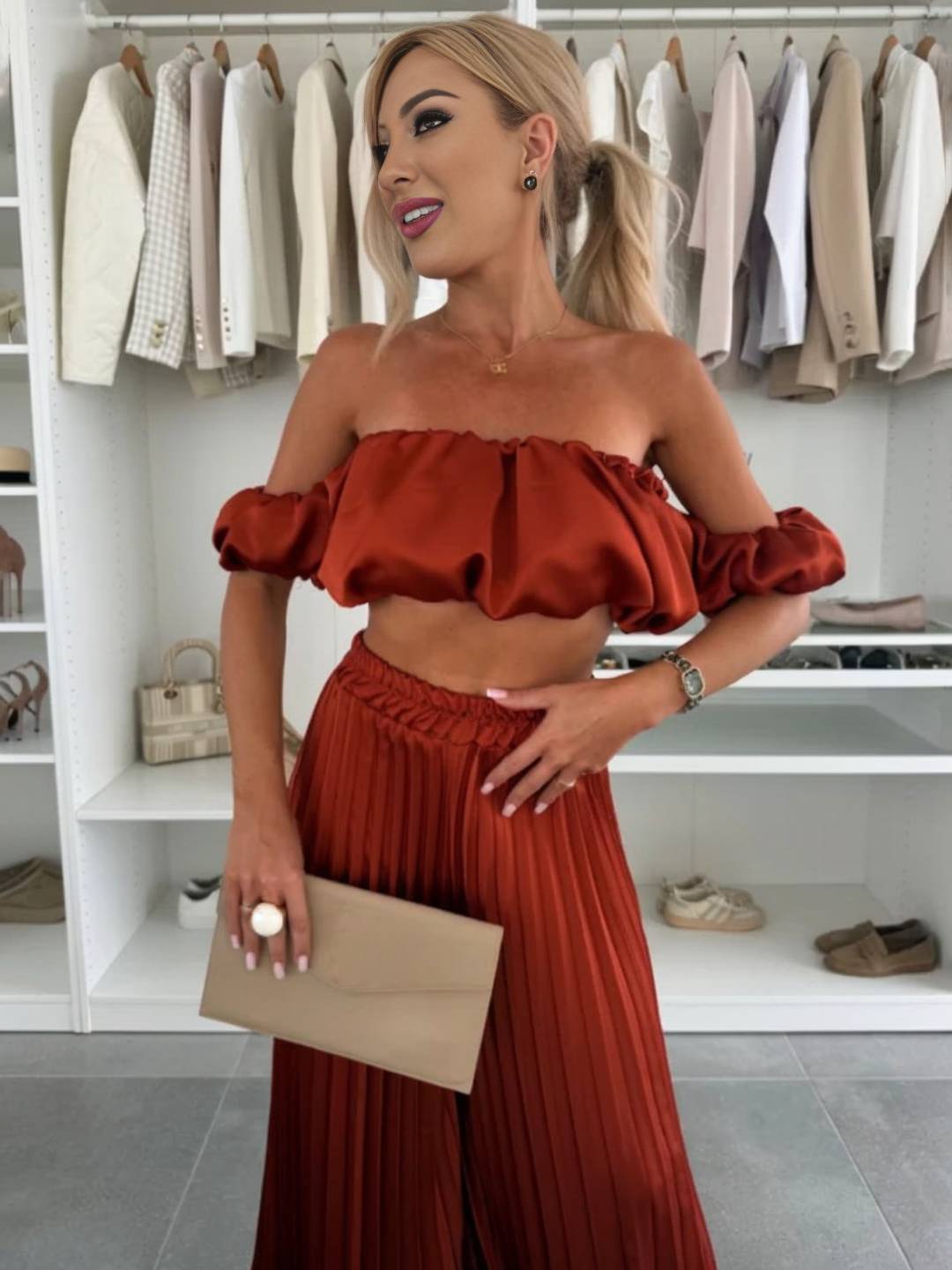 Cocolii ensembles avec fluide plissé pantalon cropped bustier col bateau sans manches hauts femme casual