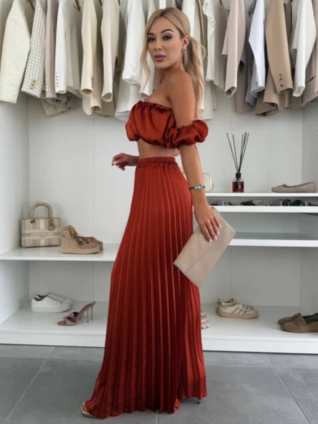 Cocolii ensembles avec fluide plissé pantalon cropped bustier col bateau sans manches hauts femme casual