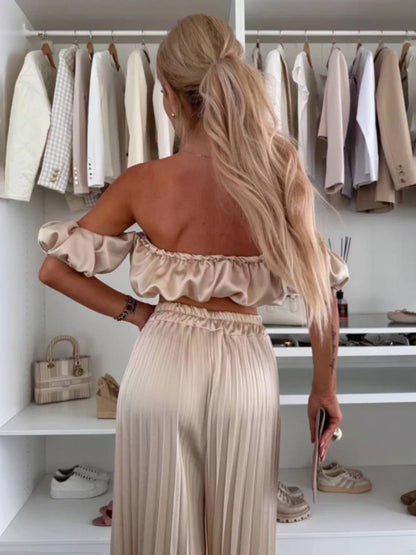 Cocolii ensembles avec fluide plissé pantalon cropped bustier col bateau sans manches hauts femme casual