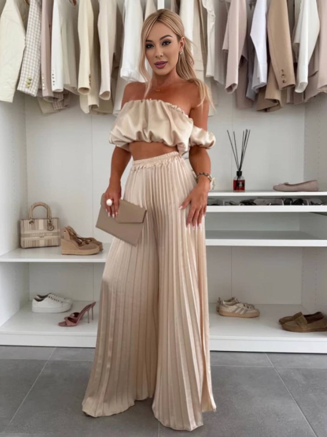 Cocolii ensembles avec fluide plissé pantalon cropped bustier col bateau sans manches hauts femme casual