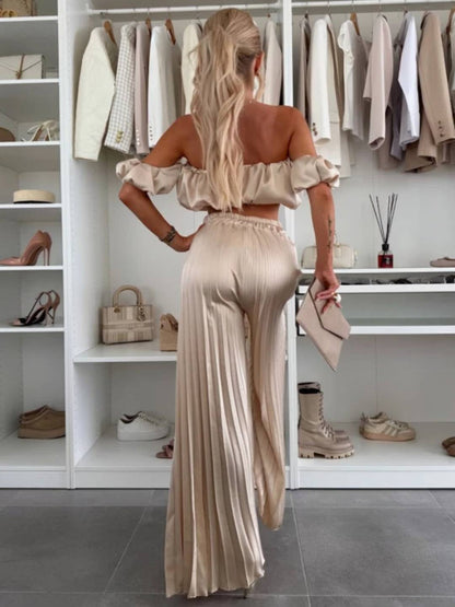 Cocolii ensembles avec fluide plissé pantalon cropped bustier col bateau sans manches hauts femme casual