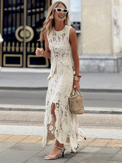 Cocolii robe découpes moulante dentelle col rond sans manches irrégulière femme élégant décontracté ensemble avec longue jupe