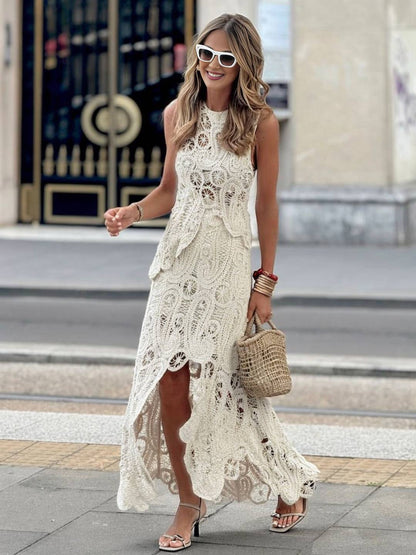 Cocolii robe découpes moulante dentelle col rond sans manches irrégulière femme élégant décontracté ensemble avec longue jupe