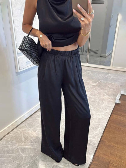 Cocolii combinaison larges jambes évasé en satin licou sans manches femme élégant décontracté ensembles avec pantalon