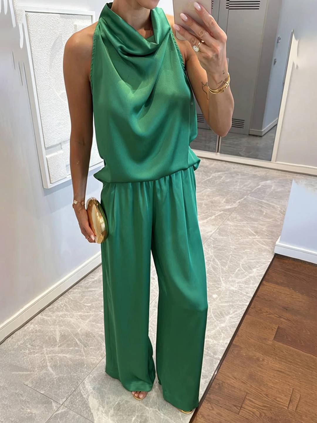 Cocolii combinaison larges jambes évasé en satin licou sans manches femme élégant décontracté ensembles avec pantalon