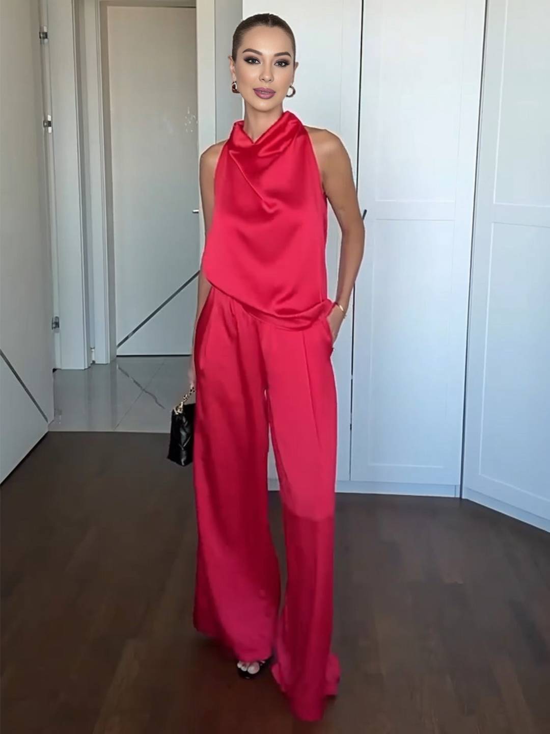 Cocolii combinaison larges jambes évasé en satin licou sans manches femme élégant décontracté ensembles avec pantalon