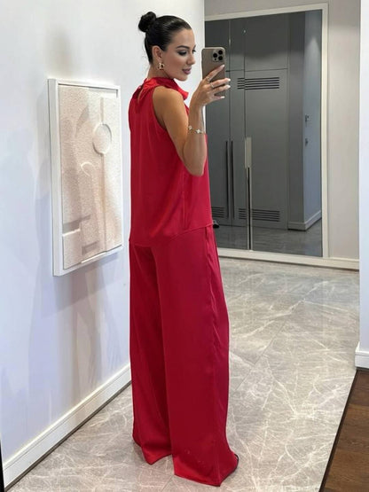 Cocolii combinaison larges jambes évasé en satin licou sans manches femme élégant décontracté ensembles avec pantalon