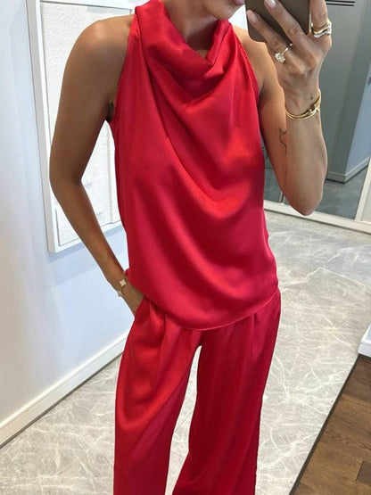 Cocolii combinaison larges jambes évasé en satin licou sans manches femme élégant décontracté ensembles avec pantalon