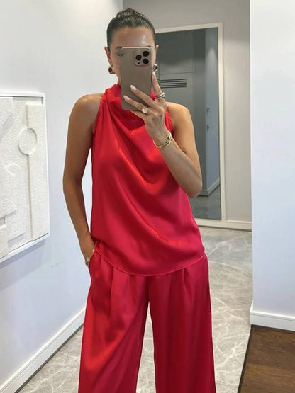 Cocolii combinaison larges jambes évasé en satin licou sans manches femme élégant décontracté ensembles avec pantalon
