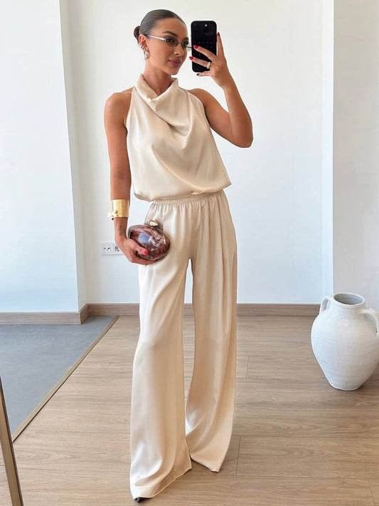 Cocolii combinaison larges jambes évasé en satin licou sans manches femme élégant décontracté ensembles avec pantalon