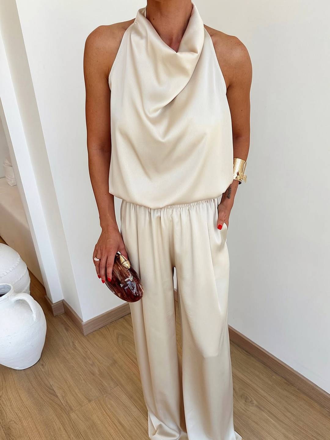 Cocolii combinaison larges jambes évasé en satin licou sans manches femme élégant décontracté ensembles avec pantalon