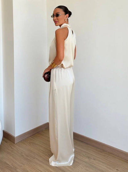 Cocolii combinaison larges jambes évasé en satin licou sans manches femme élégant décontracté ensembles avec pantalon