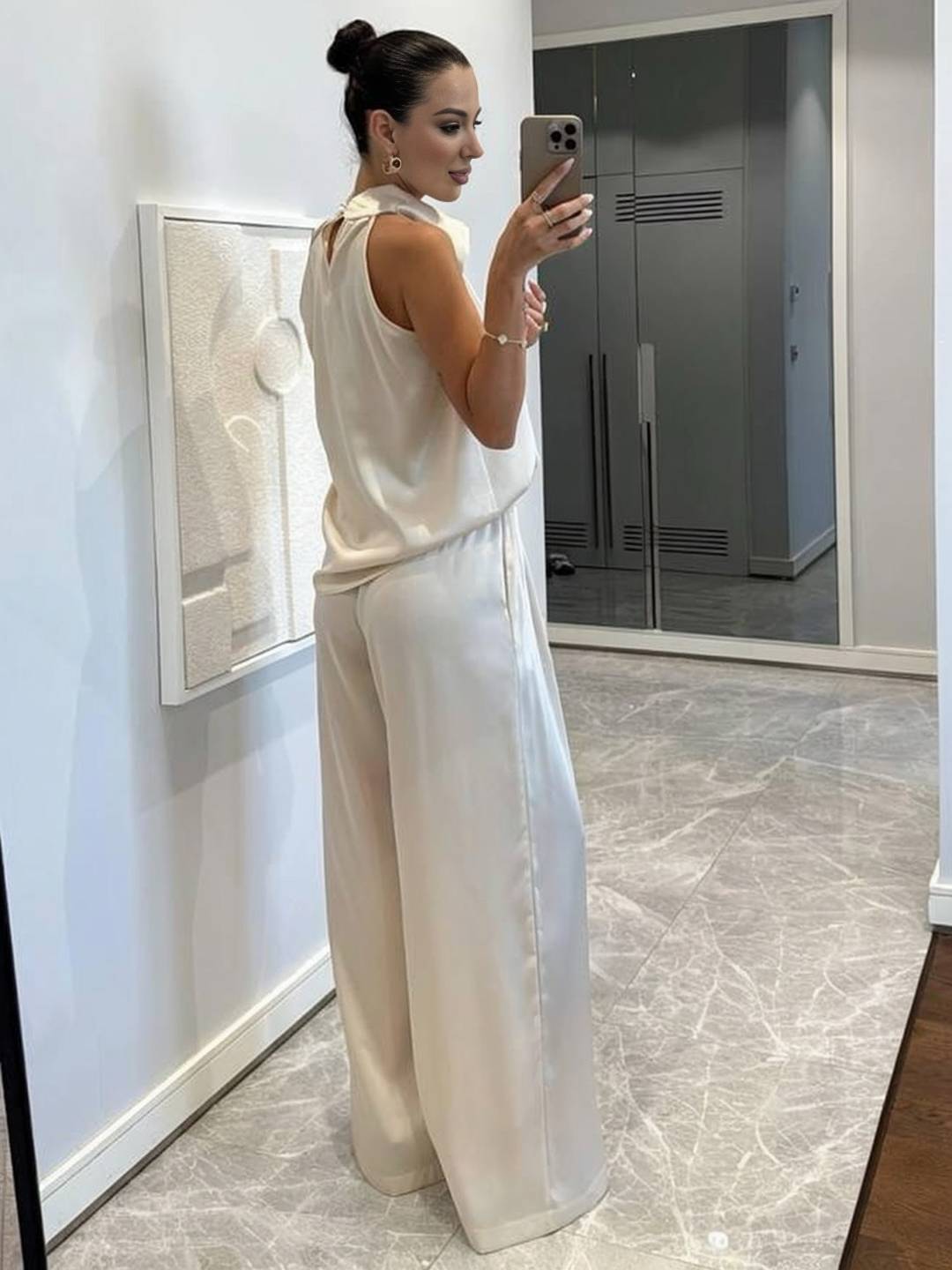 Cocolii combinaison larges jambes évasé en satin licou sans manches femme élégant décontracté ensembles avec pantalon