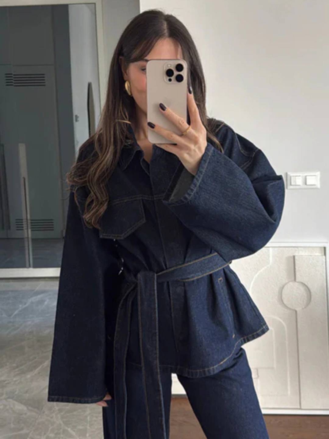 Cocolii ensembles avec pantalon femme en jean veste poches ceinture col revers manches longues décontracté tenue