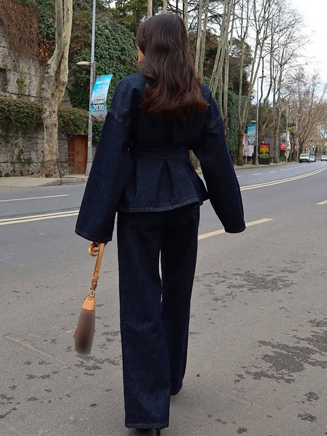 Cocolii ensembles avec pantalon femme en jean veste poches ceinture col revers manches longues décontracté tenue