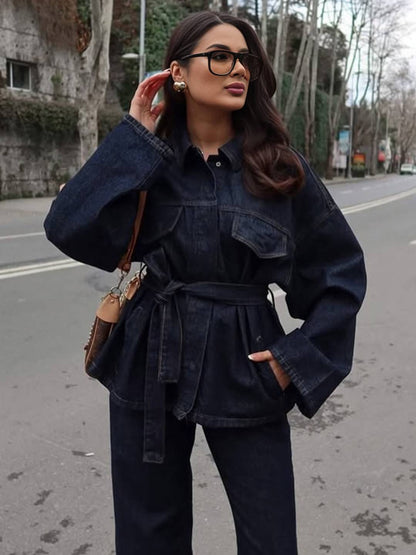 Cocolii ensembles avec pantalon femme en jean veste poches ceinture col revers manches longues décontracté tenue