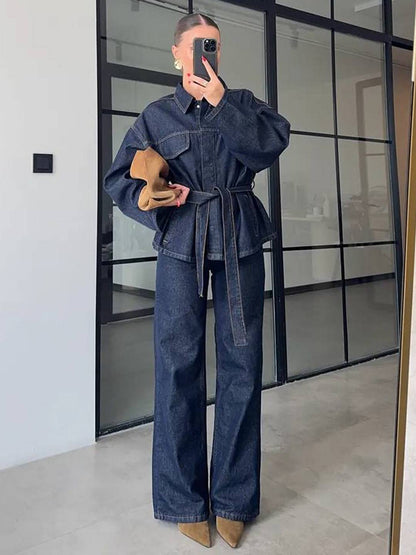 Cocolii ensembles avec pantalon femme en jean veste poches ceinture col revers manches longues décontracté tenue