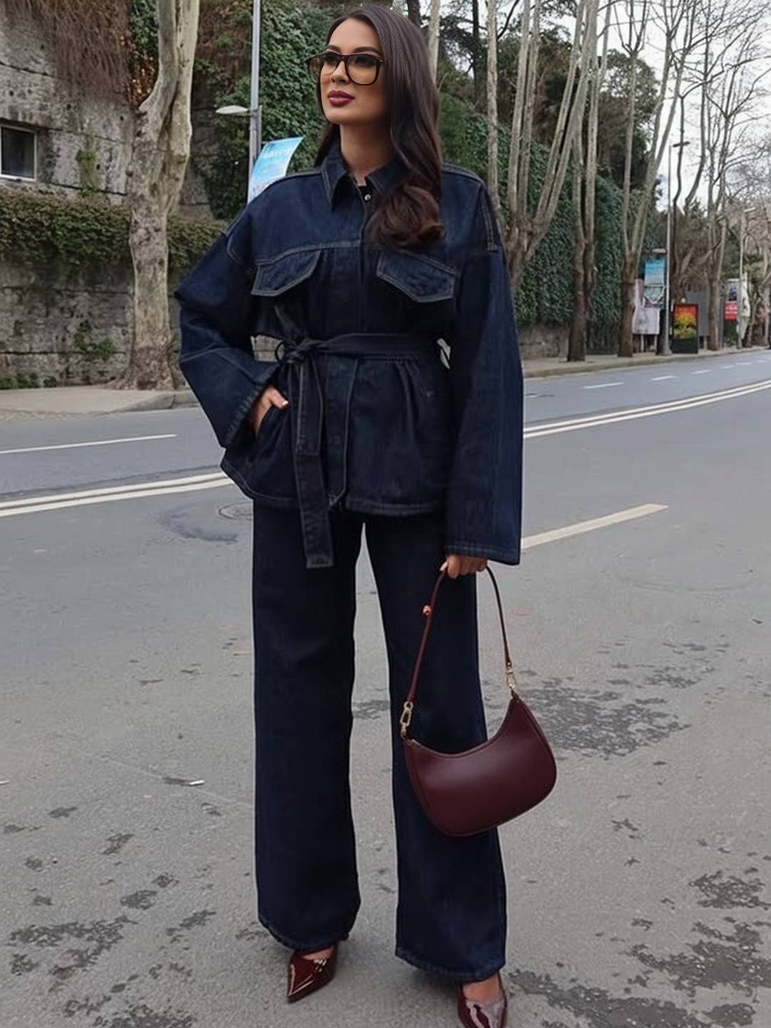 Cocolii ensembles avec pantalon femme en jean veste poches ceinture col revers manches longues décontracté tenue