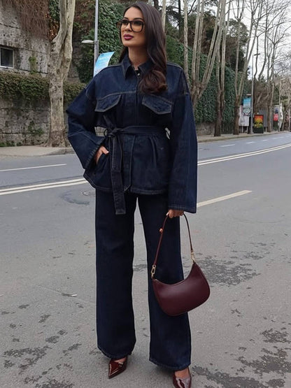 Cocolii ensembles avec pantalon femme en jean veste poches ceinture col revers manches longues décontracté tenue