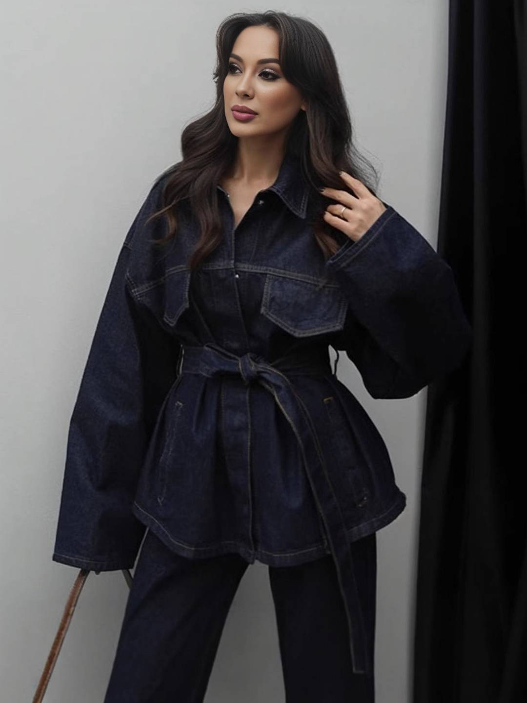 Cocolii ensembles avec pantalon femme en jean veste poches ceinture col revers manches longues décontracté tenue