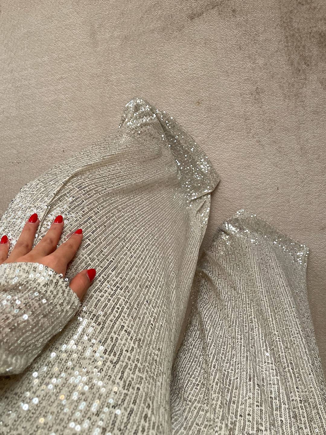 Cocolii ensembles brillante paillette femme top col rond manches longues et pantalon larges jambes évasé tenue de soirée