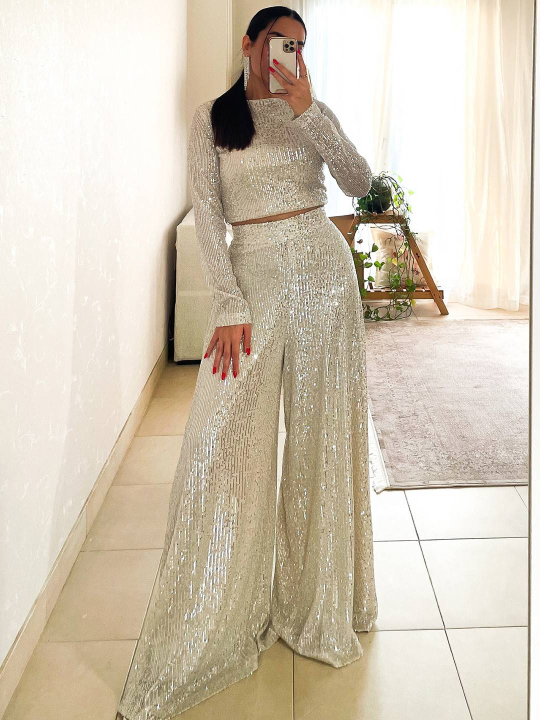 Cocolii ensembles brillante paillette femme top col rond manches longues et pantalon larges jambes évasé tenue de soirée