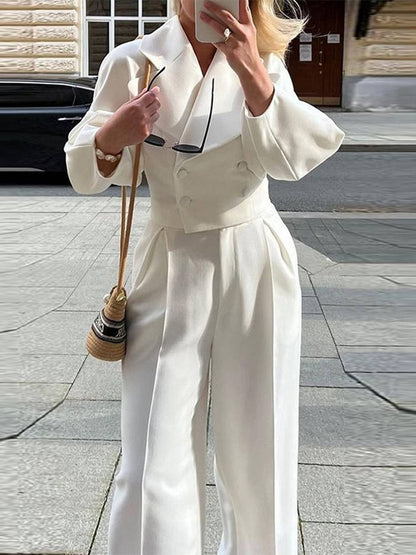 Cocolii ensembles tailleur femme blazer court double boutonnage manches ballons et pantalon large tenue élégante cérémonie