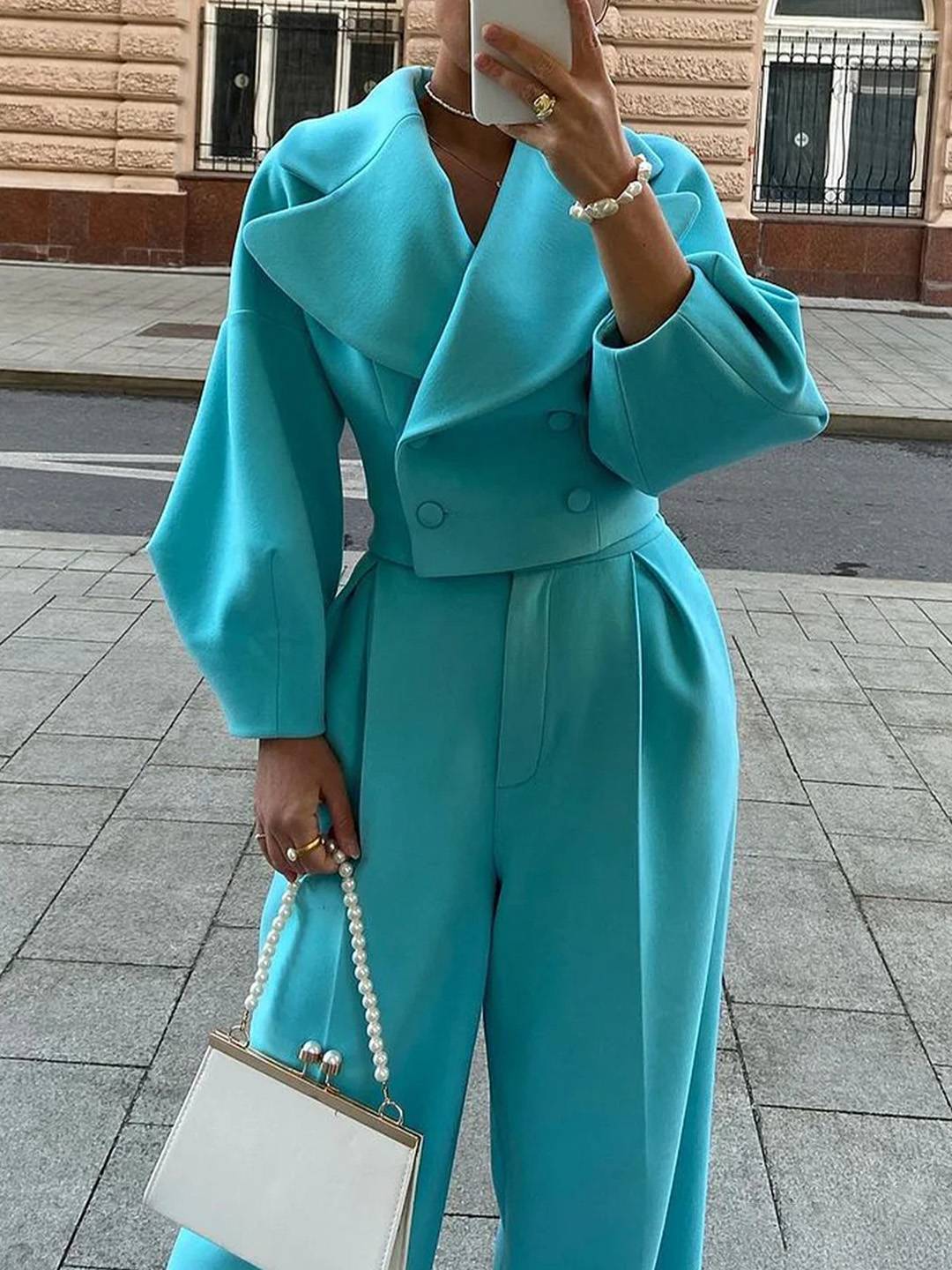 Cocolii ensembles tailleur femme blazer court double boutonnage manches ballons et pantalon large tenue élégante cérémonie