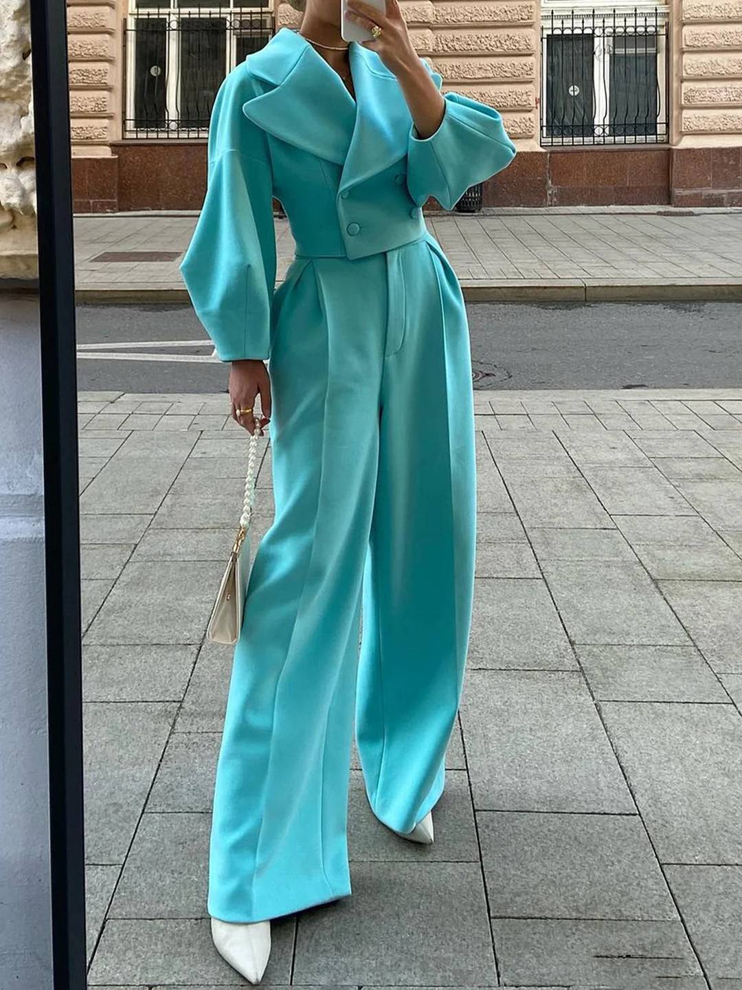 Cocolii ensembles tailleur femme blazer court double boutonnage manches ballons et pantalon large tenue élégante cérémonie