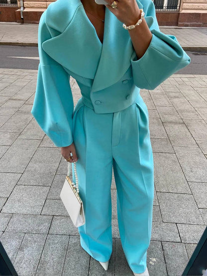Cocolii ensembles tailleur femme blazer court double boutonnage manches ballons et pantalon large tenue élégante cérémonie