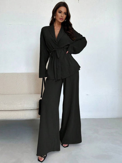 Cocolii ensemble tailleur femme blazer boutonnage v-cou manches longues pantalon larges jambes évasé tenue décontracté