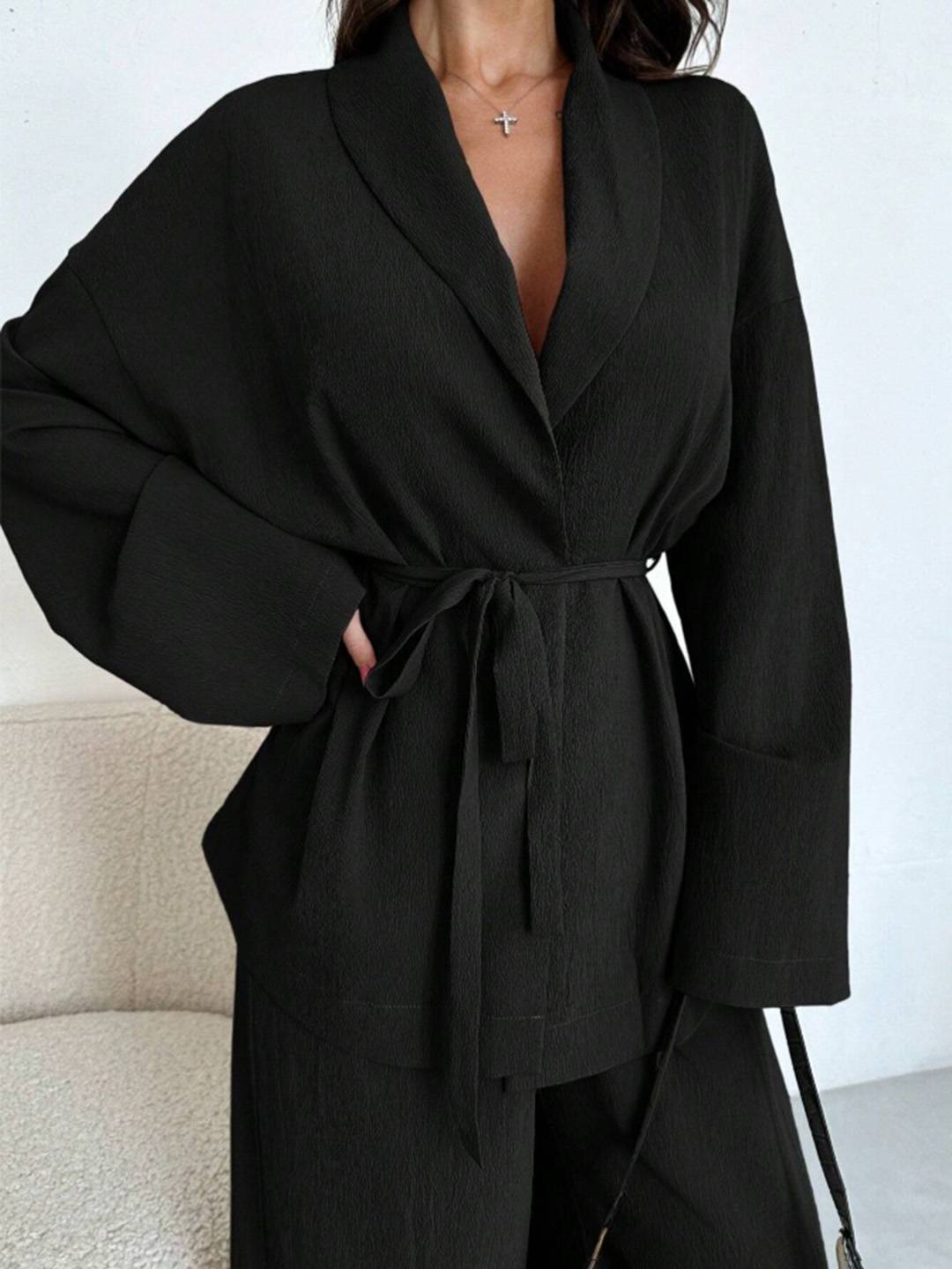 Cocolii ensemble tailleur femme blazer boutonnage v-cou manches longues pantalon larges jambes évasé tenue décontracté