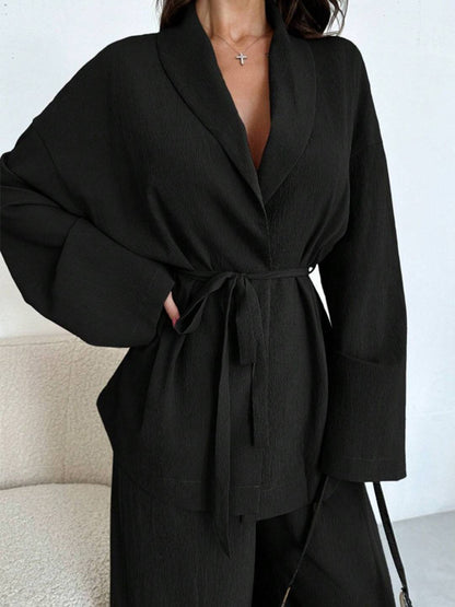 Cocolii ensemble tailleur femme blazer boutonnage v-cou manches longues pantalon larges jambes évasé tenue décontracté