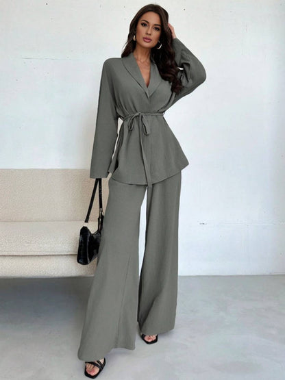 Cocolii ensemble tailleur femme blazer boutonnage v-cou manches longues pantalon larges jambes évasé tenue décontracté