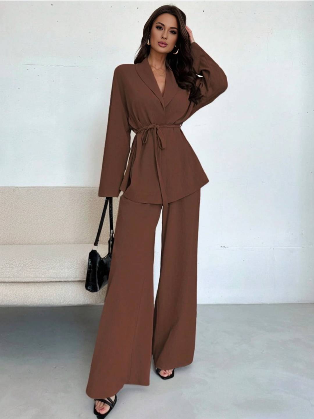 Cocolii ensemble tailleur femme blazer boutonnage v-cou manches longues pantalon larges jambes évasé tenue décontracté