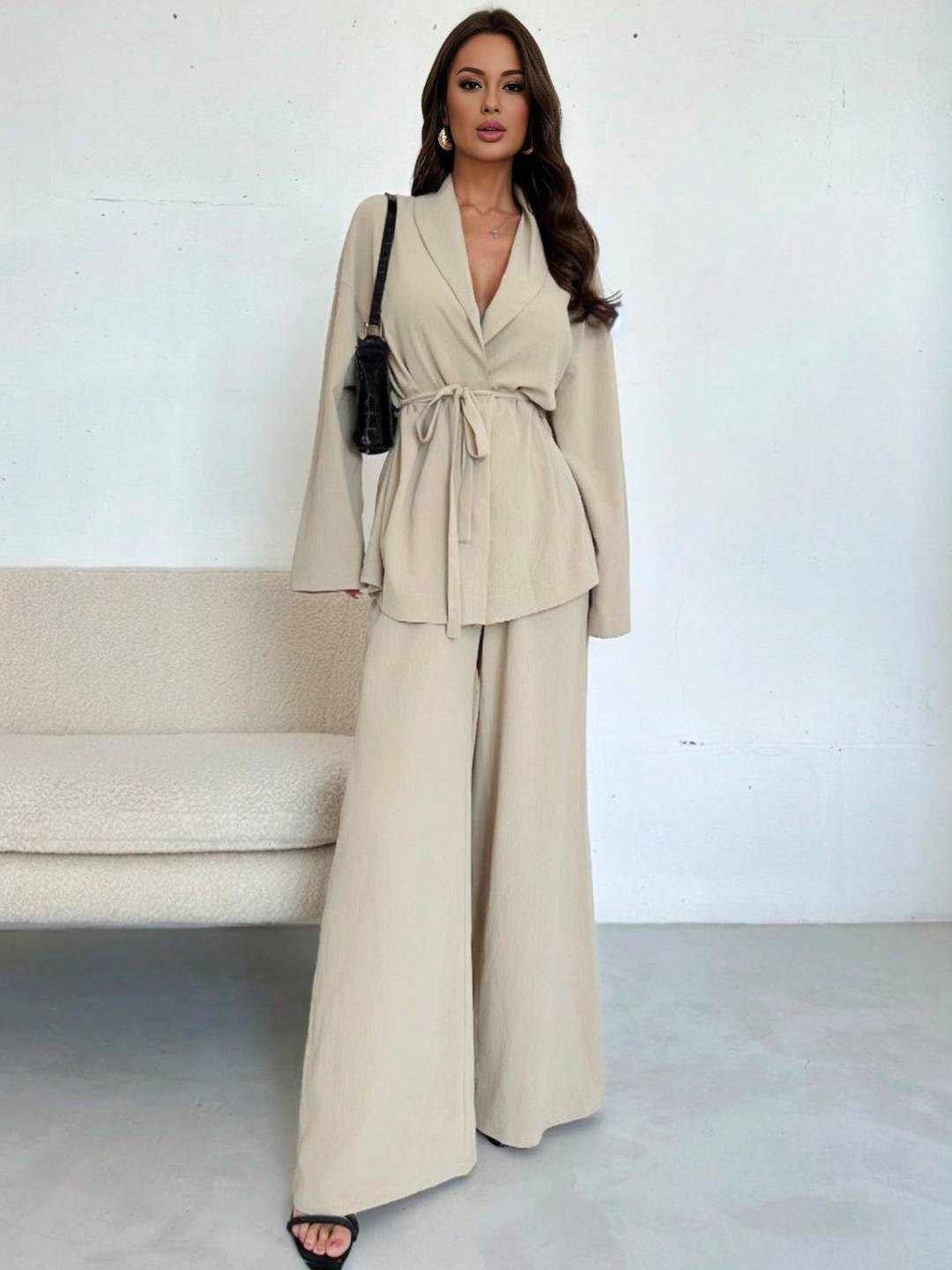 Cocolii ensemble tailleur femme blazer boutonnage v-cou manches longues pantalon larges jambes évasé tenue décontracté