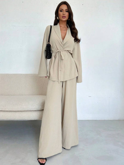 Cocolii ensemble tailleur femme blazer boutonnage v-cou manches longues pantalon larges jambes évasé tenue décontracté
