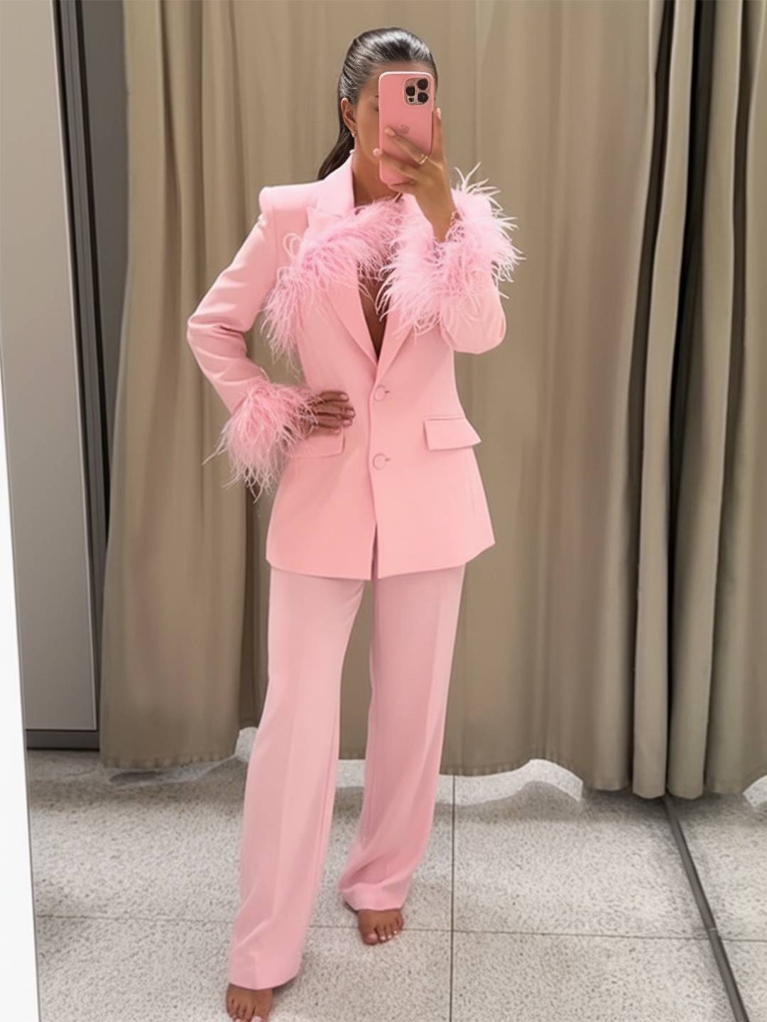 Cocolii ensembles femme blazer poches plume col revers manches longues et pantalon larges jambes évasé de soirée