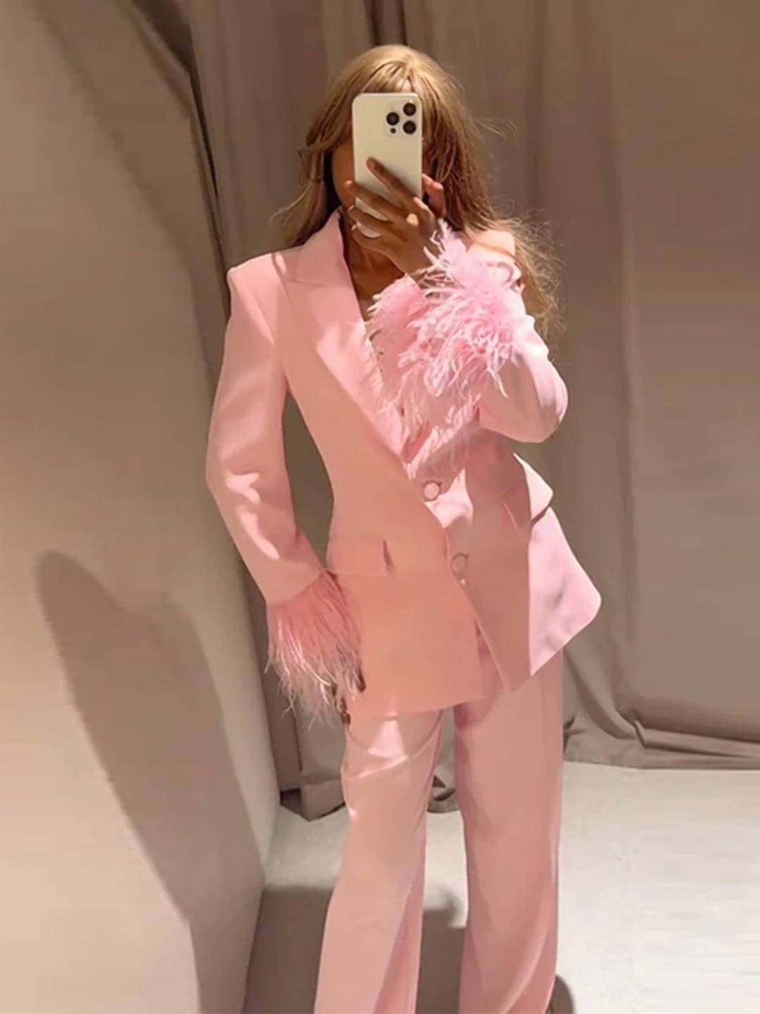 Cocolii ensembles femme blazer poches plume col revers manches longues et pantalon larges jambes évasé de soirée