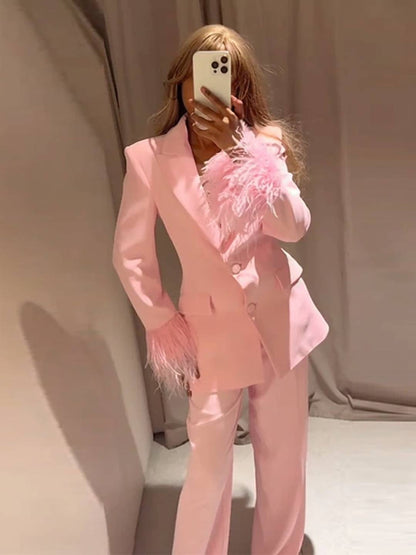 Cocolii ensembles femme blazer poches plume col revers manches longues et pantalon larges jambes évasé de soirée